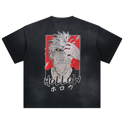 Black oversized cotton t shirt featuring hollow from bleach graphic with red and white face accents for casual wear