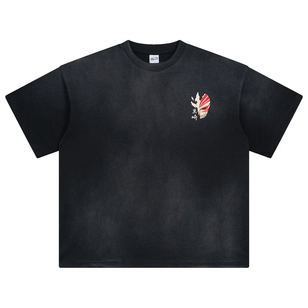 Black oversized cotton t shirt with subtle tie dye and embroidered red white black mask for hip hop streetwear