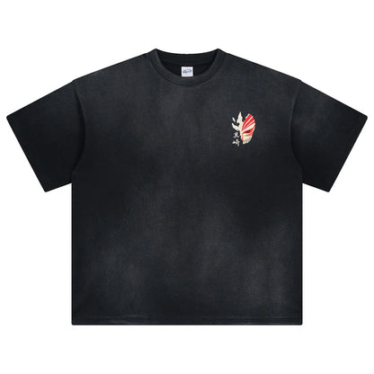 Black oversized cotton t shirt with subtle tie dye and embroidered red white black mask for hip hop streetwear