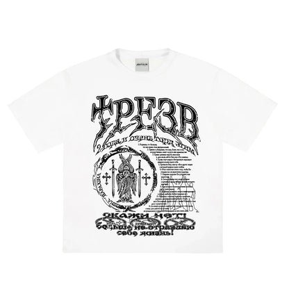 White cotton hip hop streetwear t-shirt with bold black gothic graphic print ideal for positive feedback and items received