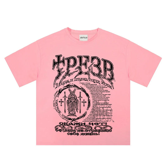 Pink cotton hip hop streetwear men t shirt with black ornate graphic print and cyrillic text delivered date positive feedback