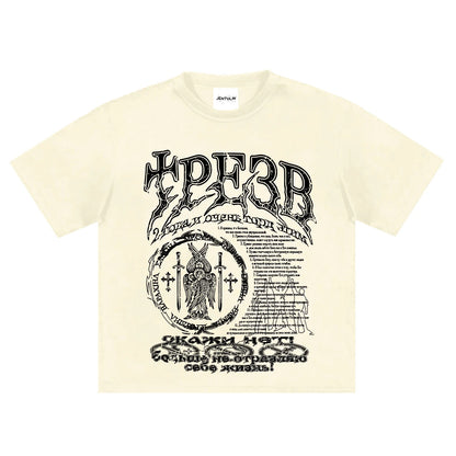 Cream-colored jentulin cotton t-shirt with bold black gothic graphic and cyrillic text, ideal for positive feedback on items received and delivered date