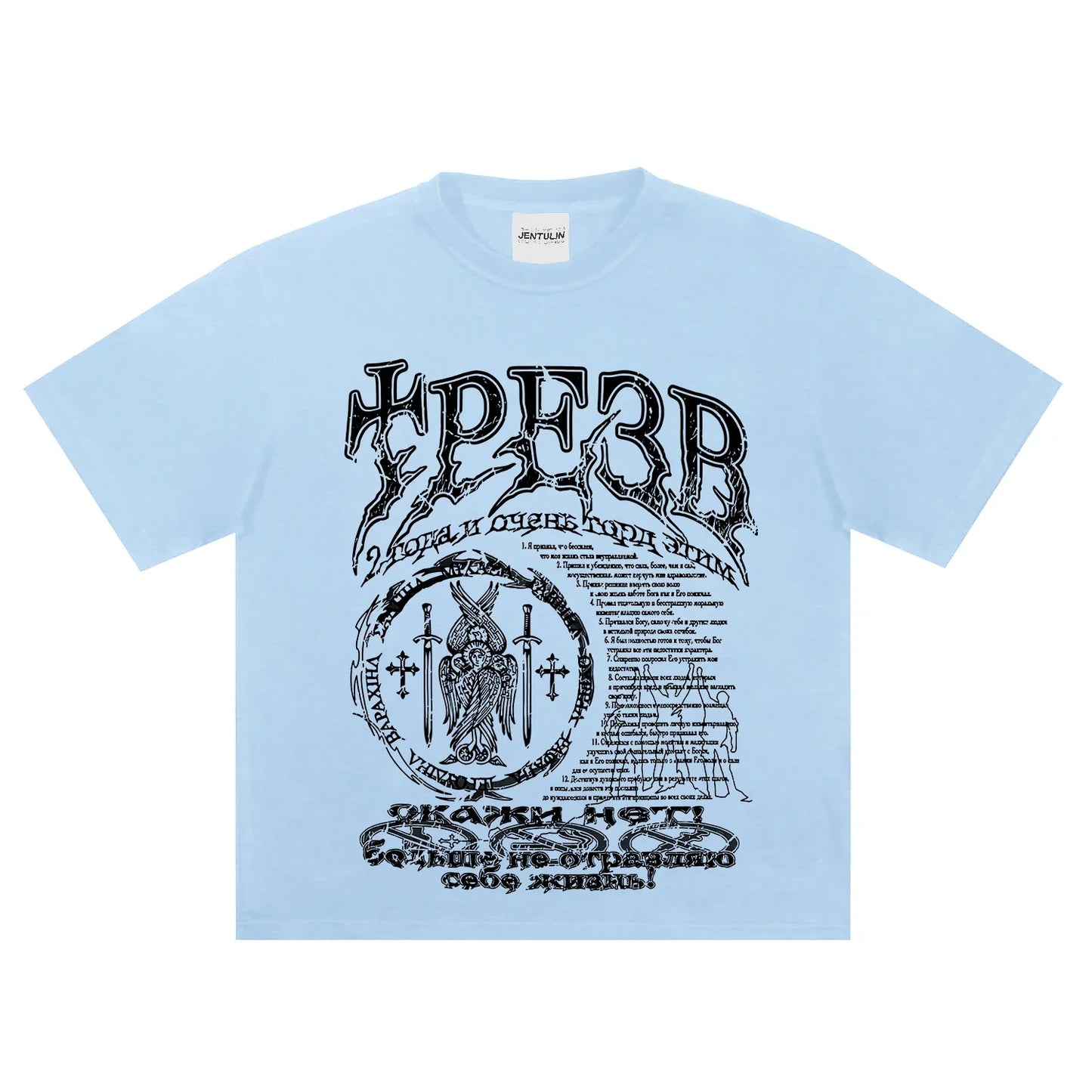 Light blue jentulin cotton t shirt with bold black graphic and cyrillic text ideal for hip hop streetwear received positive feedback
