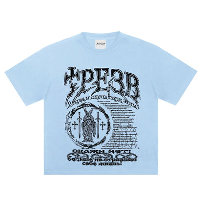 Light blue jentulin cotton t shirt with bold black graphic and cyrillic text ideal for hip hop streetwear received positive feedback
