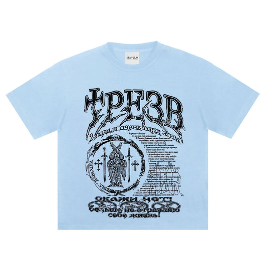 Light blue cotton men tshirt oversize with black graphic print y2k featuring gothic lettering and ornate emblem for hip hop streetwear