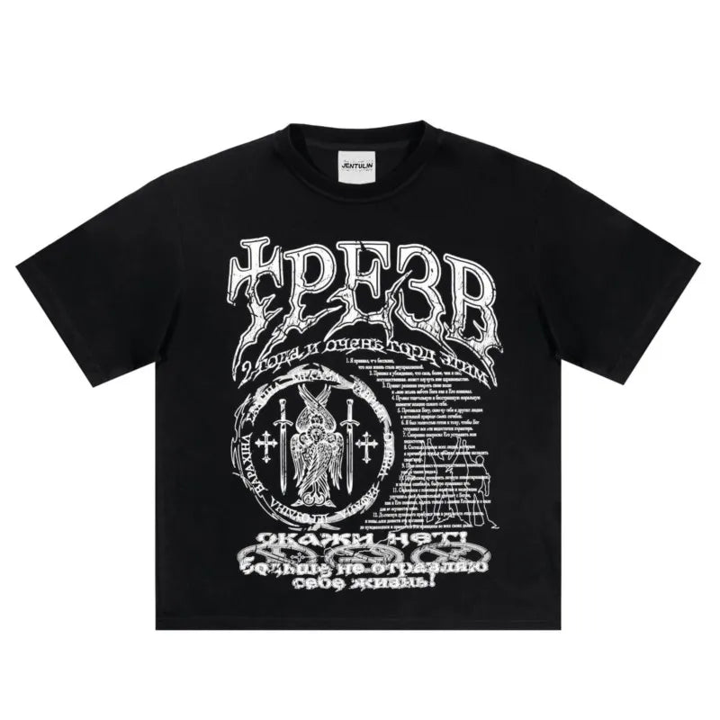 Black short-sleeved cotton men tshirt oversize with bold white graphic print y2k and hip hop streetwear design