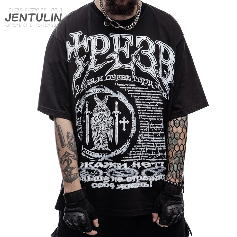 Black jentulin cotton t-shirt with white gothic lettering and detailed circular angel graphic delivering positive feedback on items received timely delivered date