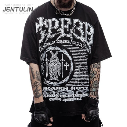 Black jentulin cotton t-shirt with white gothic lettering and detailed circular angel graphic delivering positive feedback on items received timely delivered date