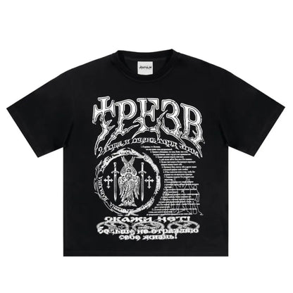 Black short-sleeved cotton t-shirt with bold white graphic print featuring stylized text and gothic emblem for streetwear