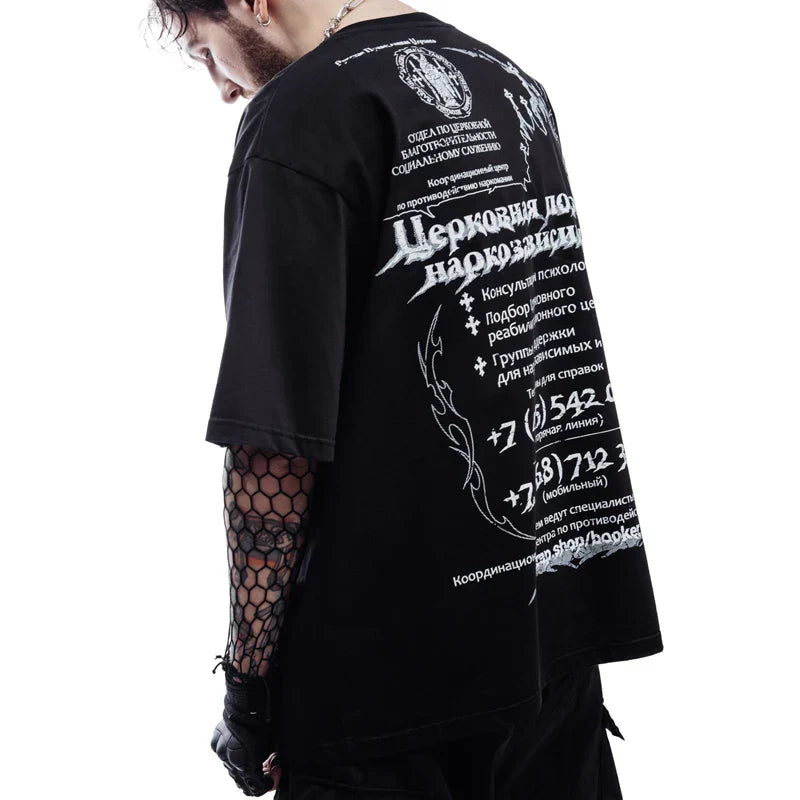 Black cotton men tshirt oversize with white flame graphic print cyrillic text hip hop streetwear y2k style