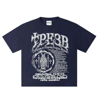 Navy blue cotton short sleeve t shirt with white gothic owl print featuring swords and graphic elements for streetwear use