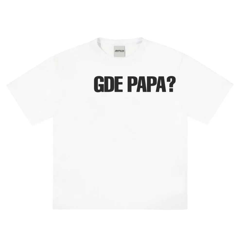 White cotton men tshirt oversized with bold black gde papa graphic print y2k hip hop streetwear design