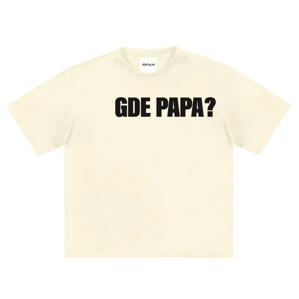 Cream-colored cotton men tshirt oversized with bold black gde papa graphic print y2k for hip hop streetwear style