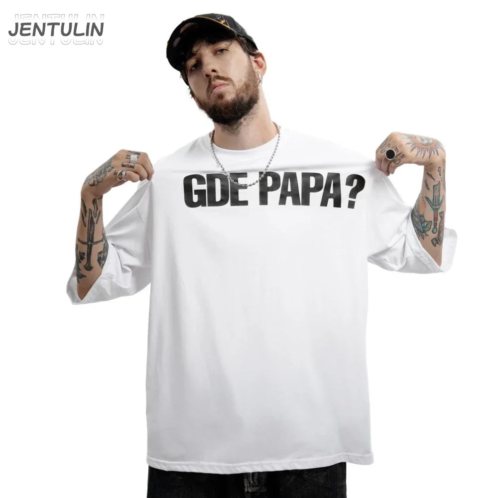 White cotton men tshirt oversized with bold black gde papa graphic print y2k perfect for hip hop streetwear style