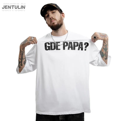 White cotton men tshirt oversized with bold black gde papa graphic print y2k perfect for hip hop streetwear style