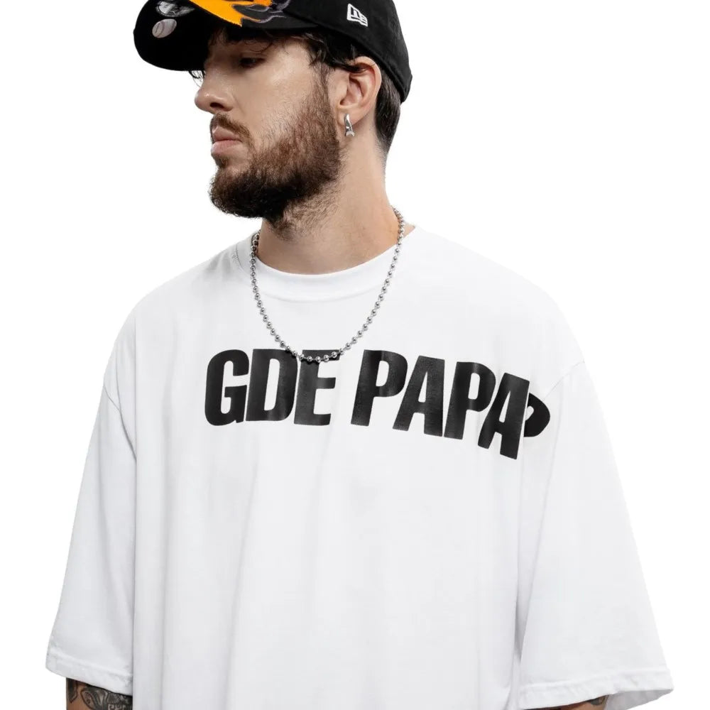 White gde papa graphic print y2k men tshirt oversized cotton hip hop streetwear with bold black lettering