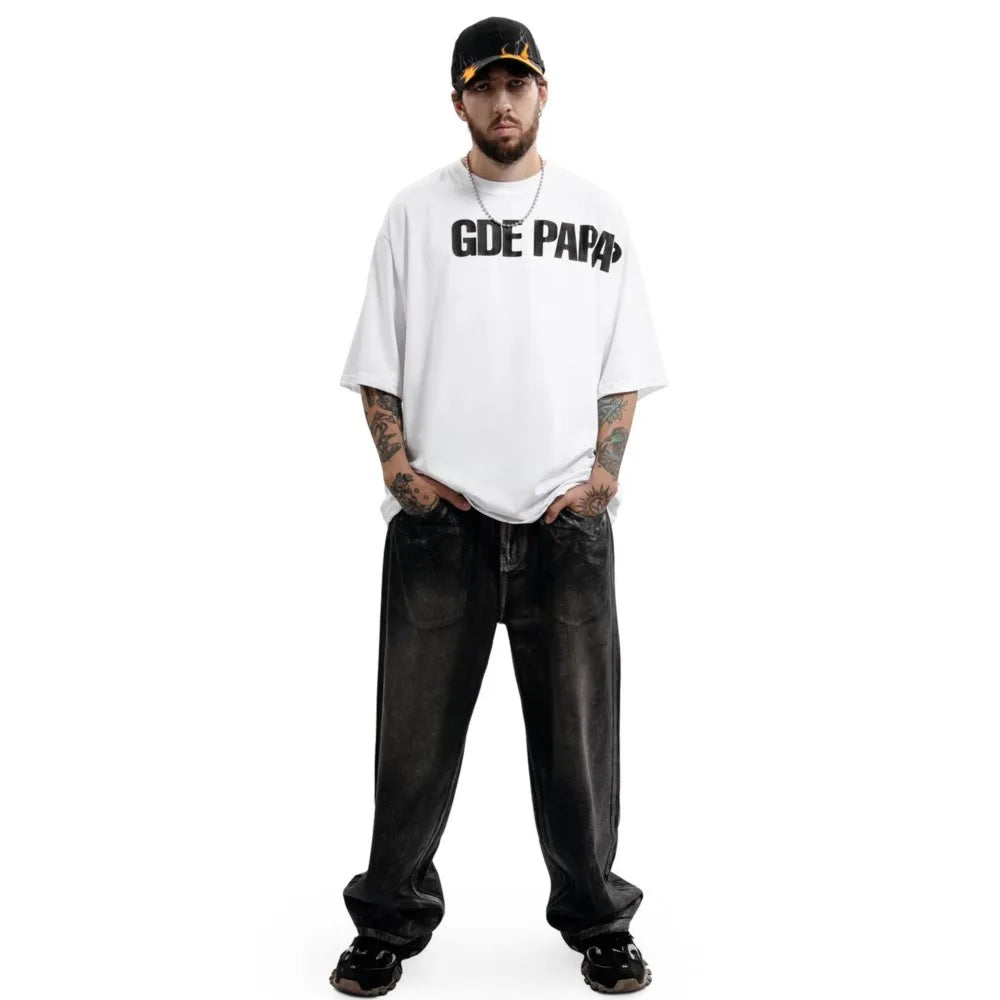 White oversized cotton men tshirt with bold black gde papay graphic print y2k for hip hop streetwear style