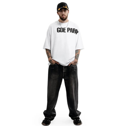 White oversized cotton men tshirt with bold black gde papay graphic print y2k for hip hop streetwear style