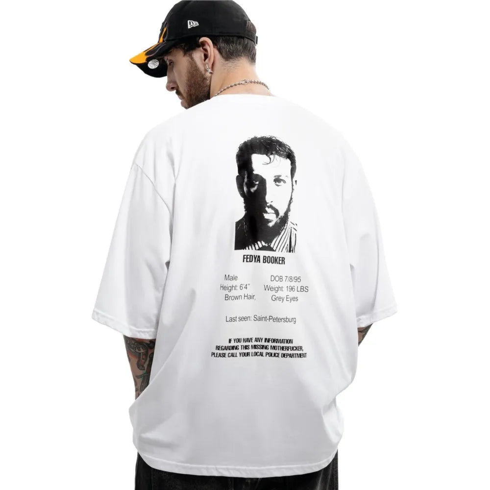 White oversized cotton men tshirt featuring a black-and-white fedya booker portrait with graphic print y2k design for hip hop streetwear