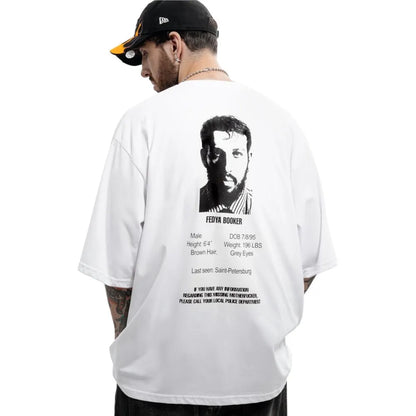 White oversized cotton men tshirt featuring a black-and-white fedya booker portrait with graphic print y2k design for hip hop streetwear