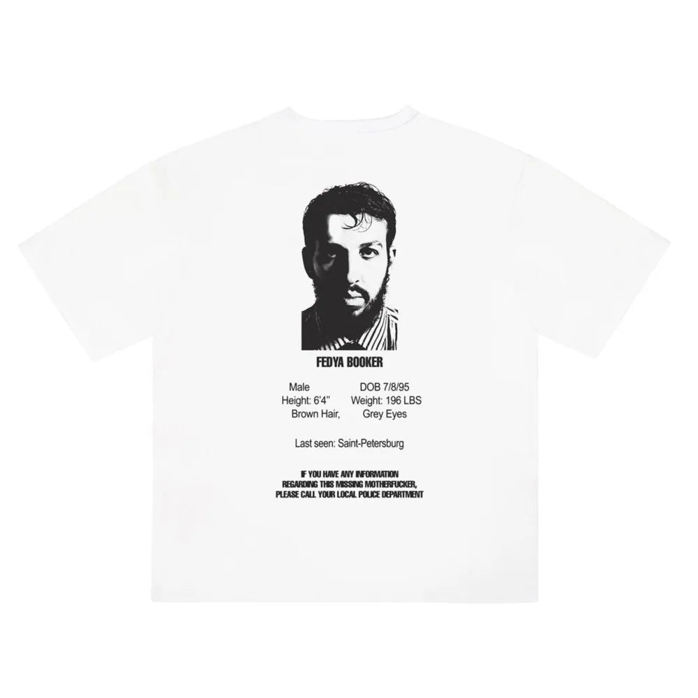 White cotton men tshirt oversized featuring a black and white fedya booker portrait graphic print y2k hip hop streetwear design