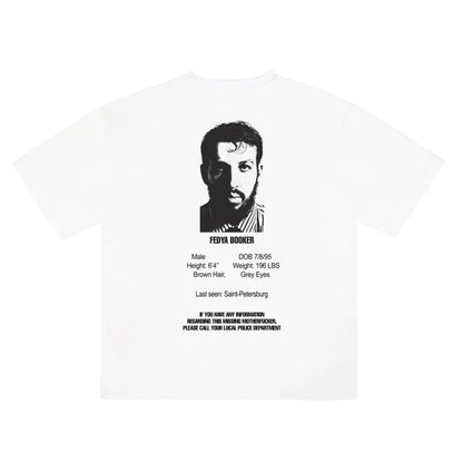 White cotton men tshirt oversized featuring a black and white fedya booker portrait graphic print y2k hip hop streetwear design