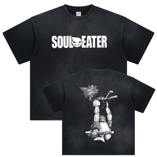 Black short sleeve y2k cotton t-shirt with hip hop streetwear soul eater anime graphic print on front and back