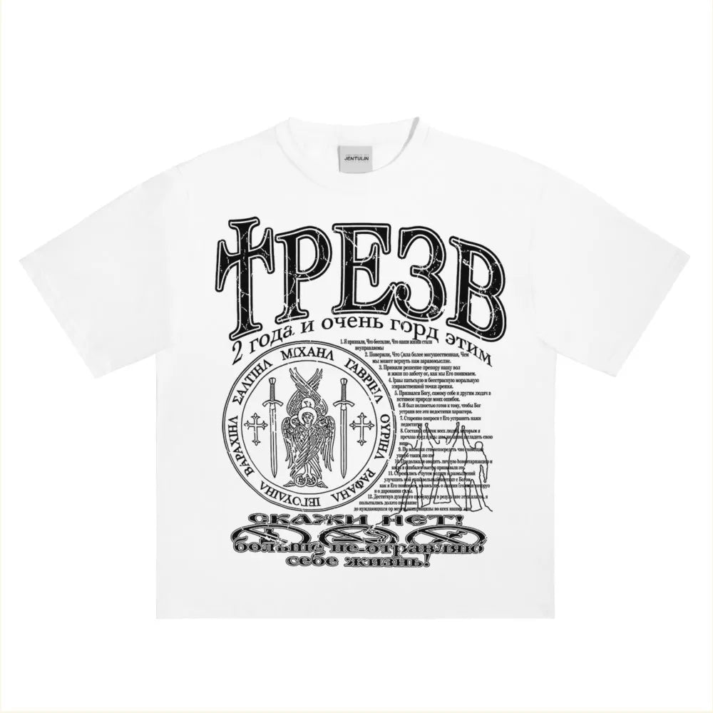 White cotton hip hop streetwear t shirt with black graphic print y2k featuring cyrillic text and angel emblem for harajuku style
