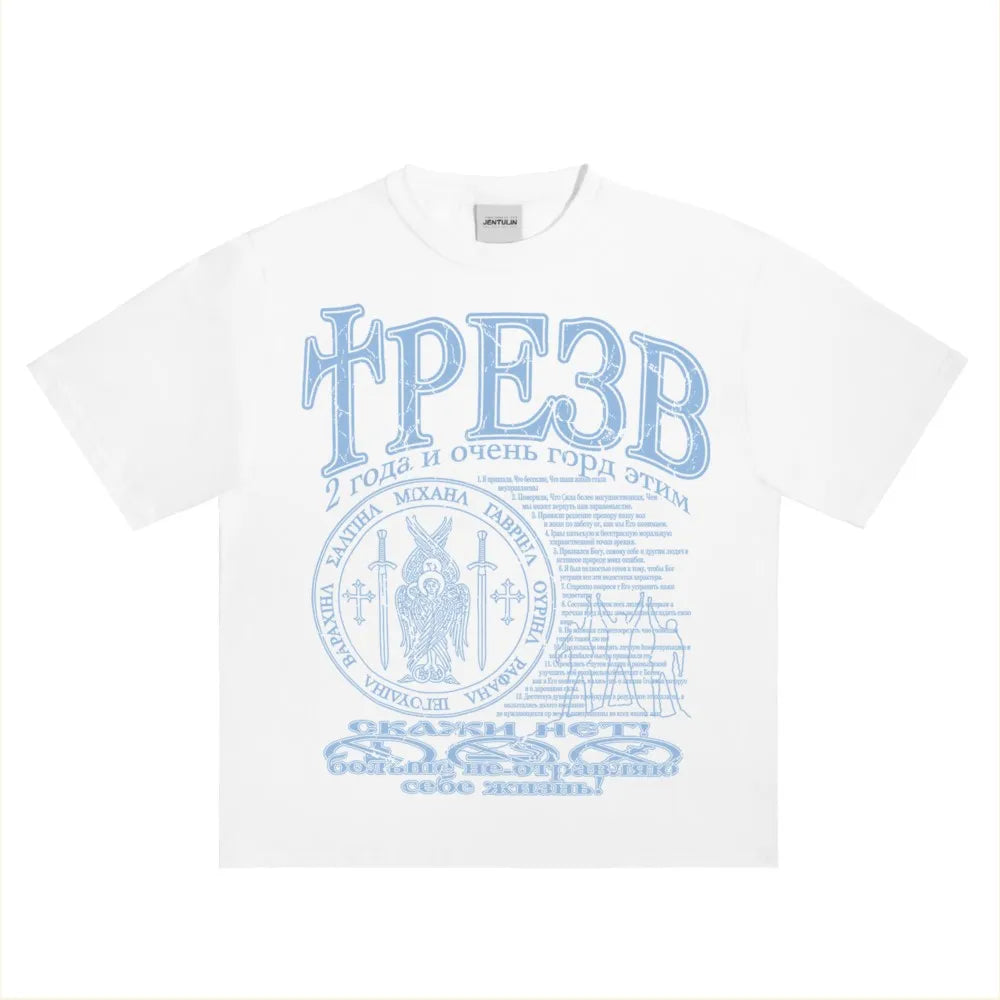 White cotton hip hop streetwear t shirt with light blue graphic print y2k and cyrillic circular emblem design