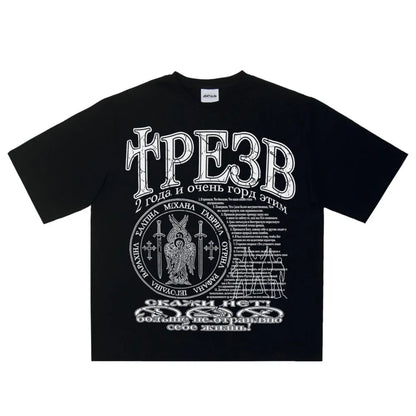 Black cotton hip hop streetwear t shirt with bold white graphic print y2k featuring cyrillic text and angelic emblem