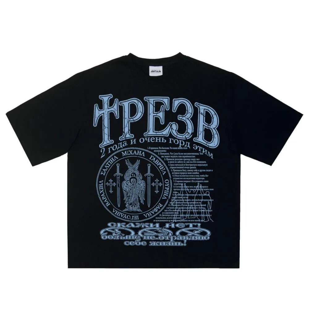 Black cotton hip hop streetwear t shirt with detailed light blue graphic print y2k and cyrillic emblem design