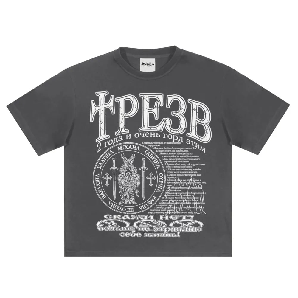 Dark gray jentulin hip hop streetwear cotton t shirt with bold white graphic print y2k and tops tee harajuku design