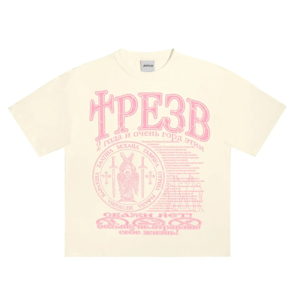 Cream-colored cotton hip hop streetwear t-shirt with bold pink graphic print y2k and tops tee harajuku design