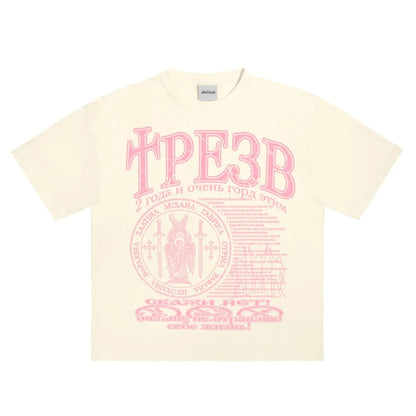 Cream-colored cotton hip hop streetwear t-shirt with bold pink graphic print y2k and tops tee harajuku design