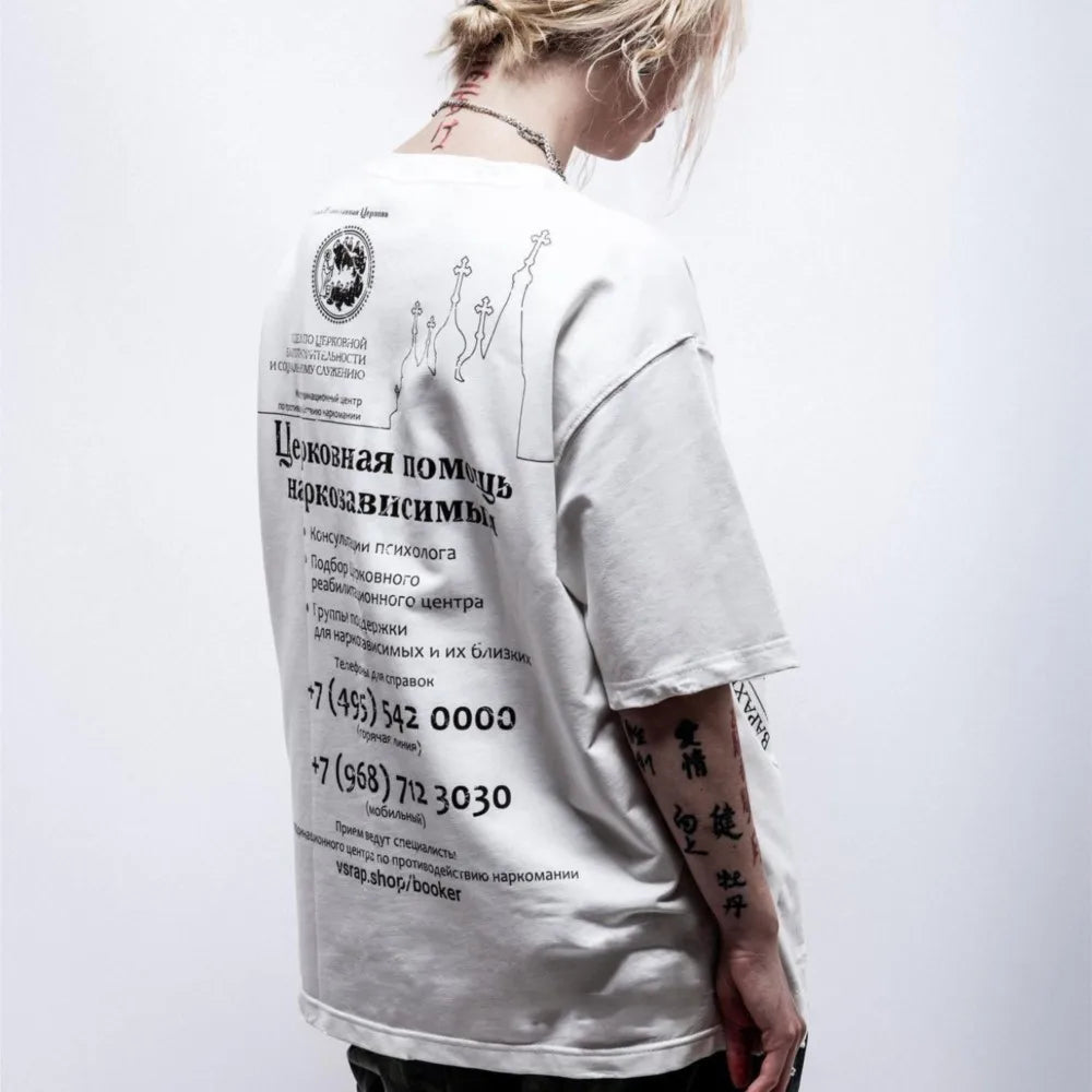 Off-white oversized cotton t-shirt with black graphic print y2k design on the back for hip hop streetwear tops tee harajuku style