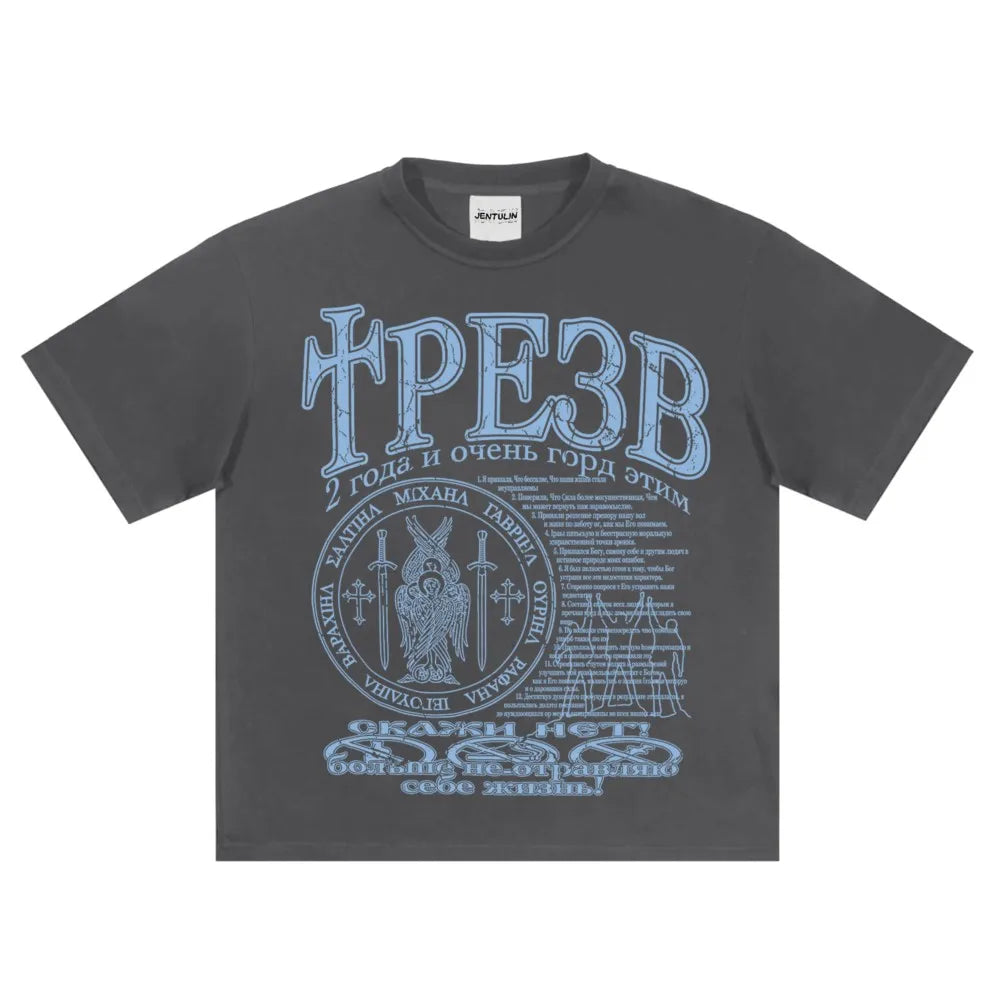 Dark gray cotton hip hop streetwear t-shirt with light blue graphic print y2k and cyrillic emblem front design tops tee harajuku