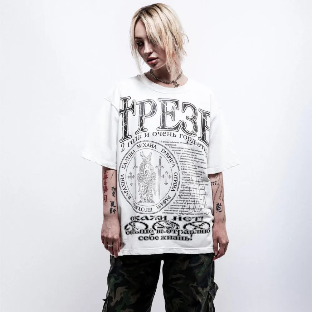 White cotton hip hop streetwear graphic print y2k oversize short sleeve tee with black text and illustrations