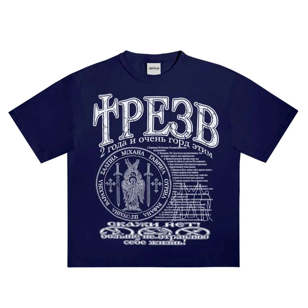 Navy blue cotton hip hop streetwear t-shirt with detailed white graphic print y2k and tops tee harajuku design