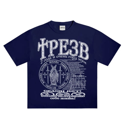 Navy blue cotton hip hop streetwear t-shirt with detailed white graphic print y2k and tops tee harajuku design