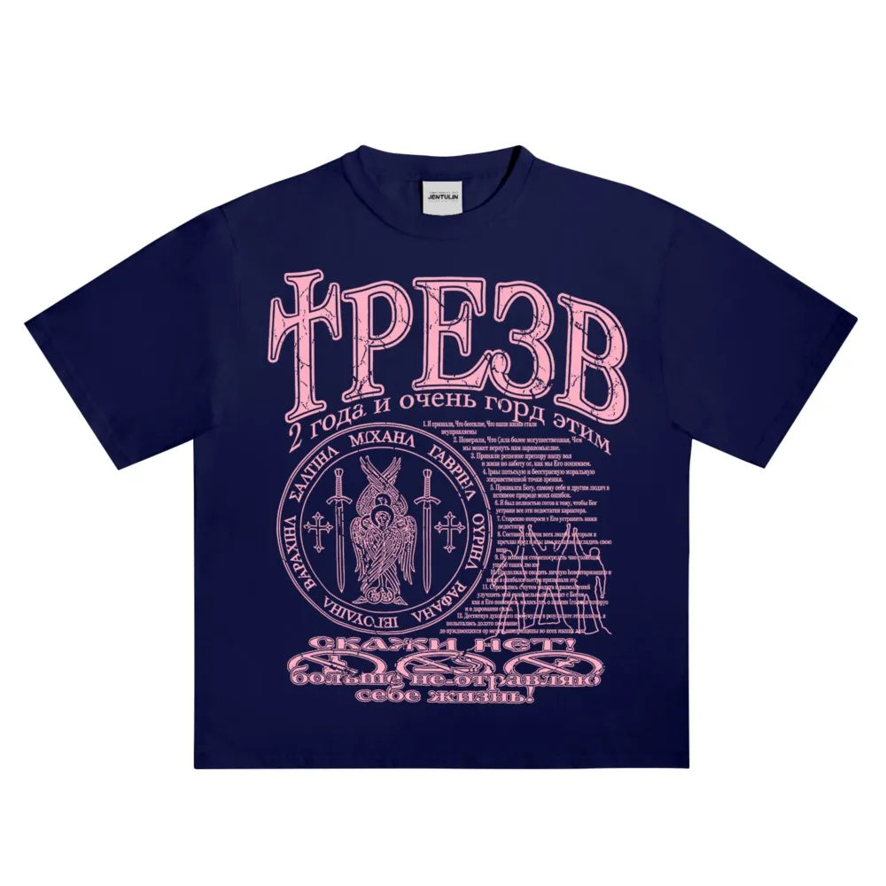 Navy blue cotton hip hop streetwear t-shirt with short sleeves featuring a pink graphic print y2k and harajuku emblem