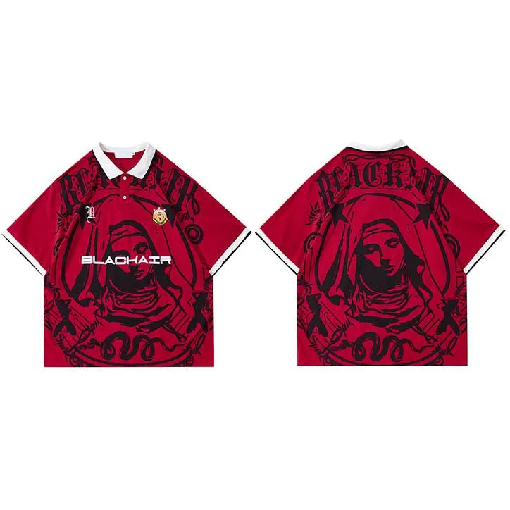 Red short sleeve hip hop streetwear polo shirt with virgin mary graphic cotton material and white collar trim