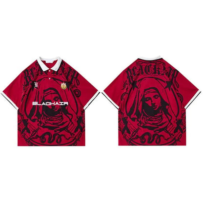 Red short sleeve hip hop streetwear polo shirt with virgin mary graphic cotton material and white collar trim