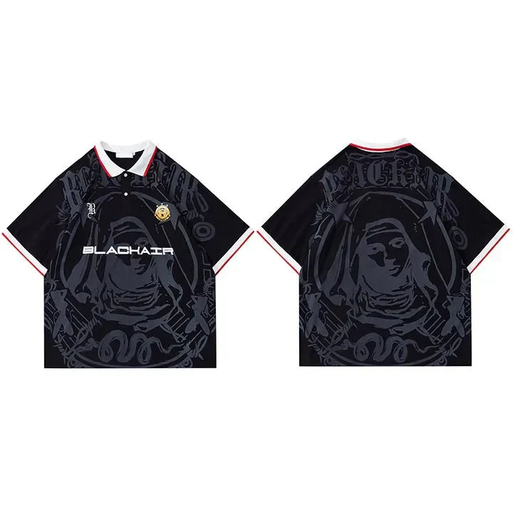 Black polo shirt with virgin mary graphic, short sleeve harajuku style, hip hop streetwear cotton top with red and white trim
