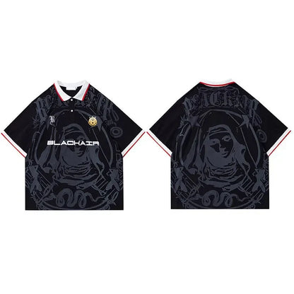 Black polo shirt with virgin mary graphic, short sleeve harajuku style, hip hop streetwear cotton top with red and white trim