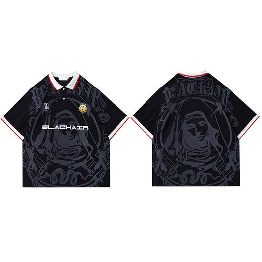 Black polo shirt with virgin mary graphic, short sleeve harajuku style, hip hop streetwear cotton top with red and white trim