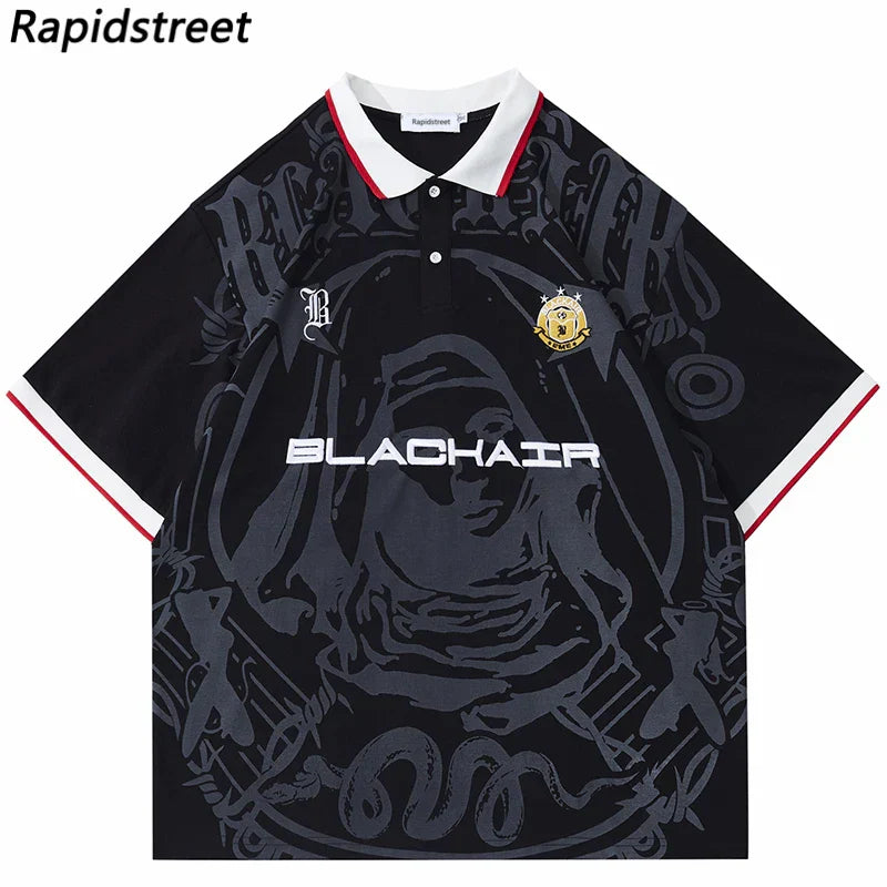 Black short sleeve harajuku cotton polo shirt with virgin mary graphic and hip hop streetwear style details