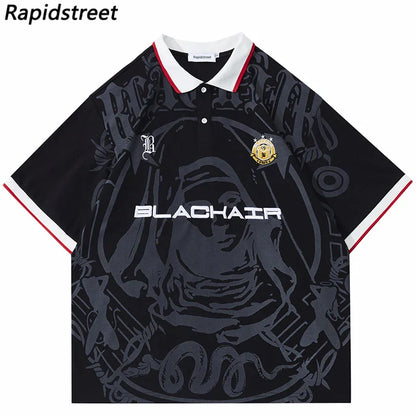 Black short sleeve harajuku cotton polo shirt with virgin mary graphic and hip hop streetwear style details