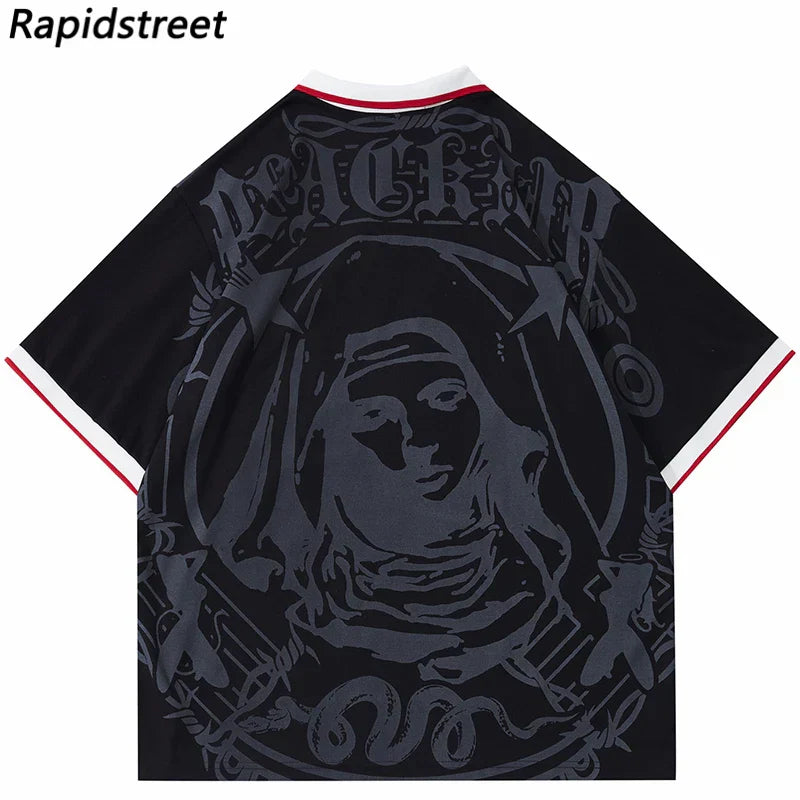 Black short sleeve harajuku hip hop streetwear t-shirt with virgin mary graphic and white red trim cotton polo shirt
