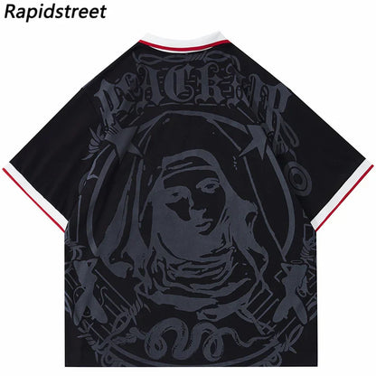 Black short sleeve harajuku hip hop streetwear t-shirt with virgin mary graphic and white red trim cotton polo shirt