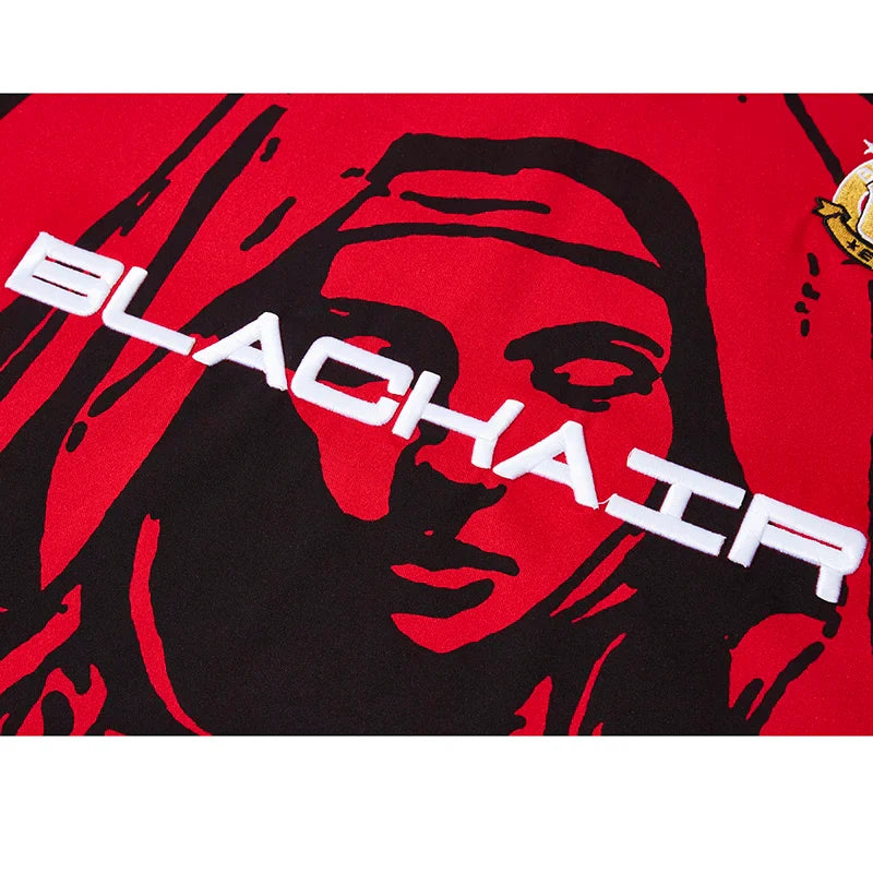 Red short sleeve hip hop streetwear t-shirt with bold black graphic face and white blackhair lettering in cotton material